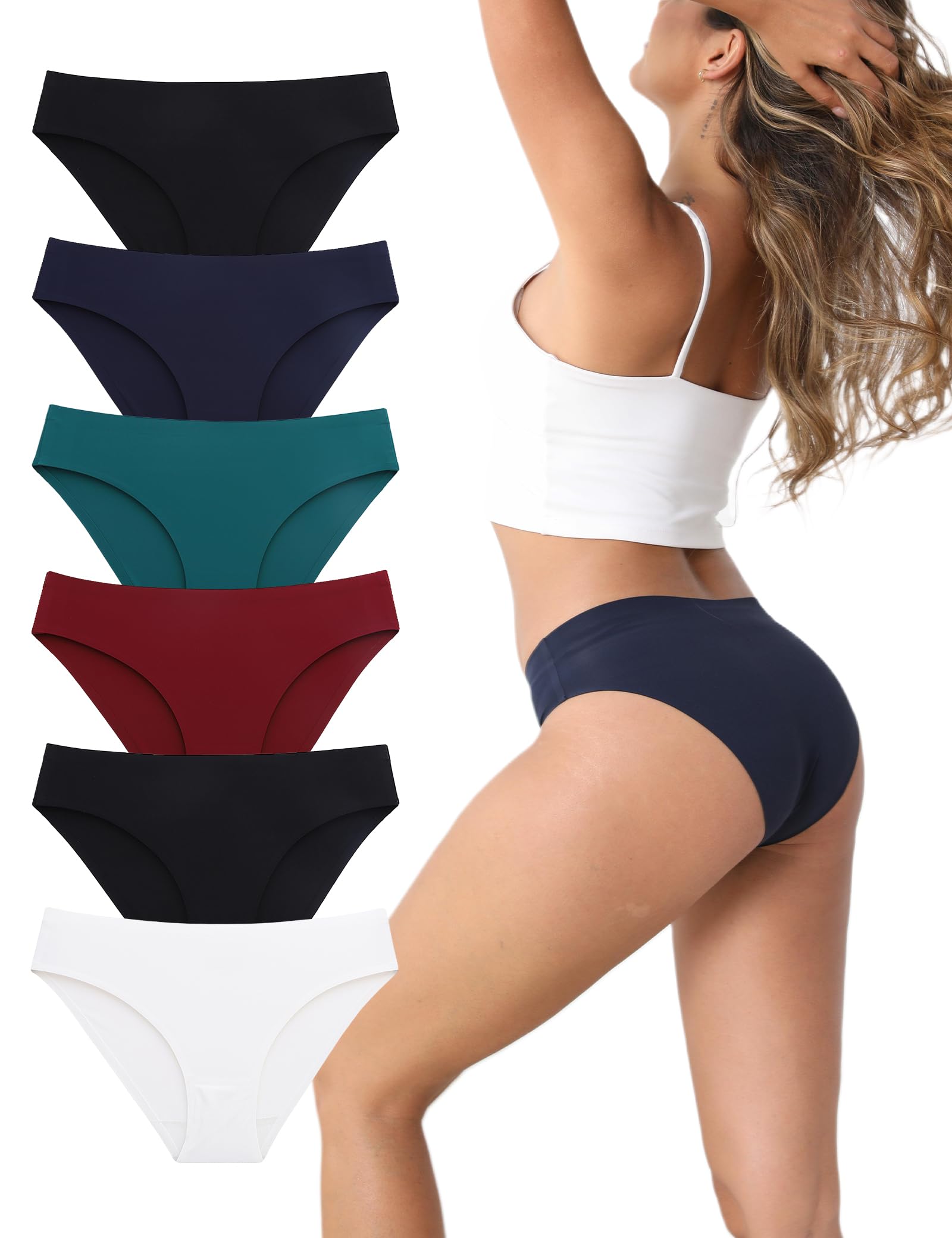 WAYIQE No Show Bikini Panties for Women, Breathable High-waisted Underwear, Multicolor, 6-Pack